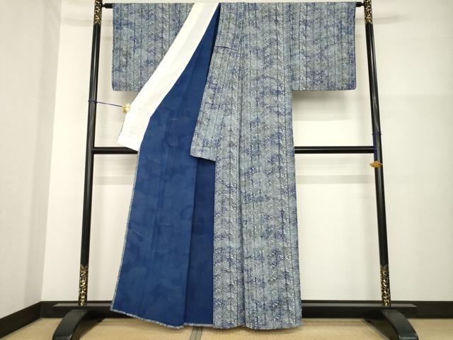平和屋着物▽上質な小紋 単衣 藍 型染め 笹竹文 正絹 逸品 AABG8440ck