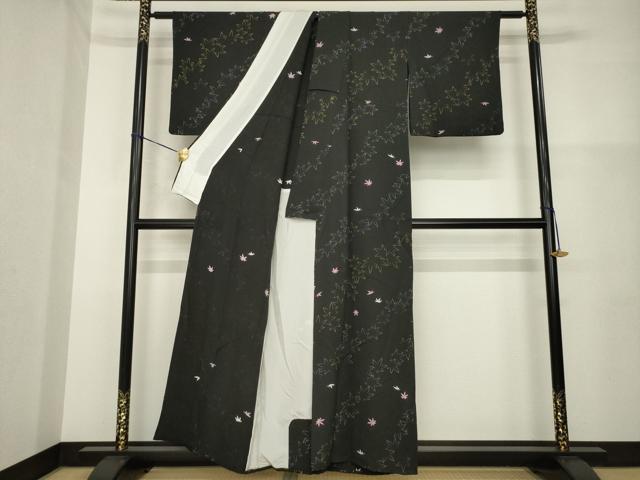 平和屋着物▽上質な小紋 単衣 楓文 黒地 正絹 逸品 AABG8447ck
