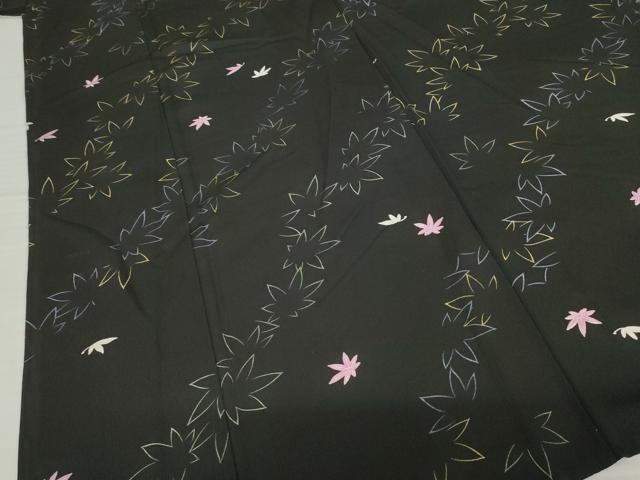 平和屋着物▽上質な小紋 単衣 楓文 黒地 正絹 逸品 AABG8447ck