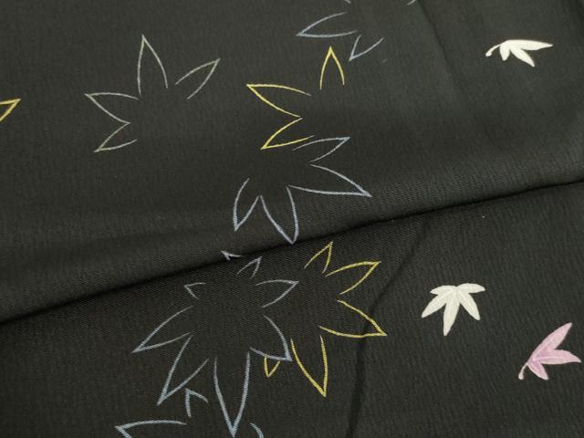 平和屋着物▽上質な小紋 単衣 楓文 黒地 正絹 逸品 AABG8447ck