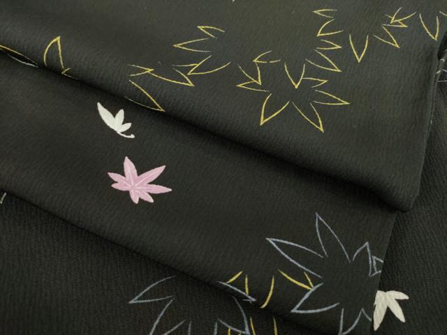 平和屋着物▽上質な小紋 単衣 楓文 黒地 正絹 逸品 AABG8447ck