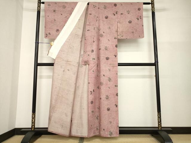 平和屋着物▽上質な小紋 単衣 紬地 更紗花文 正絹 逸品 AABG8463ck