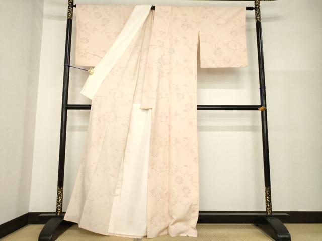 平和屋着物▽上質な小紋 単衣 紬地 花唐草文 正絹 逸品 AABG8471ck