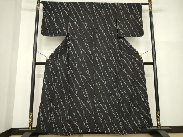 平和屋着物▽上質な小紋 単衣 舞桜文 黒地 丹後ちりめん 正絹 逸品 AABG8477ck