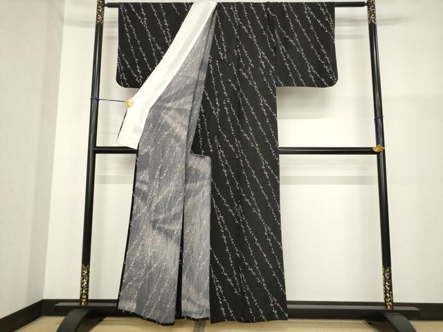 平和屋着物▽上質な小紋 単衣 舞桜文 黒地 丹後ちりめん 正絹 逸品 AABG8477ck