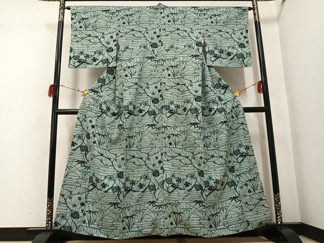 平和屋着物●上質な小紋 紬地 型染め 草花文 正絹 逸品 AABG8495ph