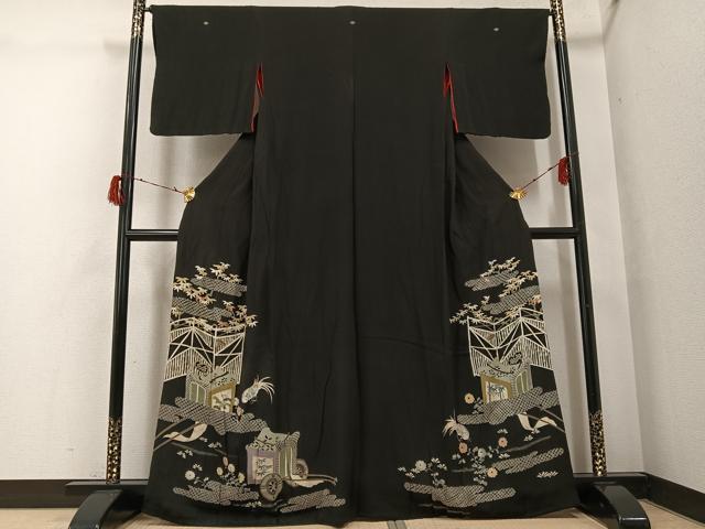 平和屋着物●アンティーク 大正ロマン 黒留袖 御所車花鳥文 正絹 逸品 AABG8504ph