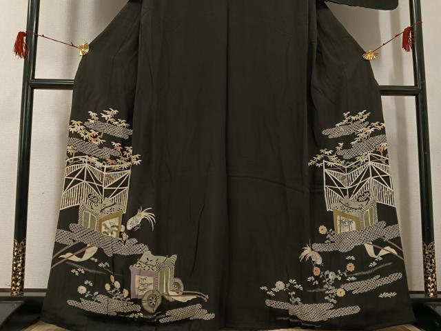 平和屋着物●アンティーク 大正ロマン 黒留袖 御所車花鳥文 正絹 逸品 AABG8504ph