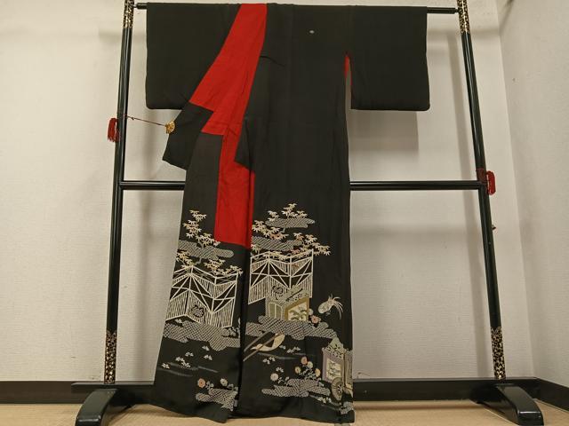 平和屋着物●アンティーク 大正ロマン 黒留袖 御所車花鳥文 正絹 逸品 AABG8504ph
