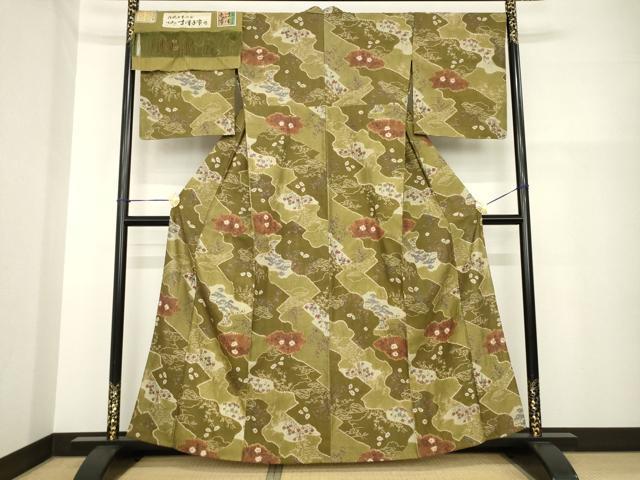 平和屋着物▽伝統工芸士 七代目 吉澤与市 紬 単衣 手描き 絞り 道長花文 証紙付き 正絹 逸品 AABG8569ck