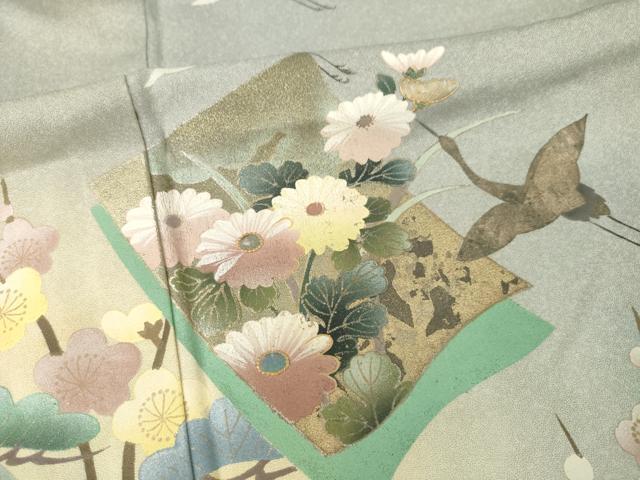 平和屋着物▽訪問着 単衣 飛鶴花籬文 暈し染め 金彩 正絹 逸品 AABG8575ck