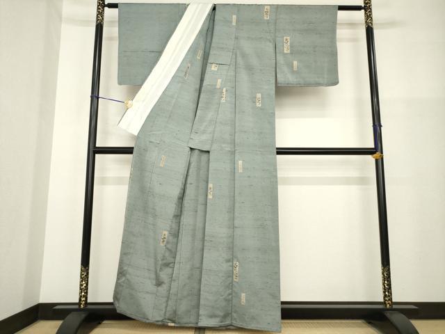 平和屋着物▽上質な小紋 単衣 紬地 短冊花文 正絹 逸品 AABG8578ck