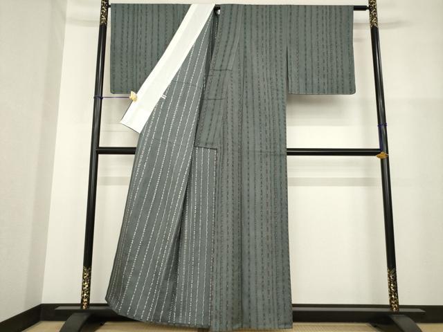 平和屋着物▽上質な小紋 単衣 紬地 縞 正絹 逸品 未使用 AABG8579ck