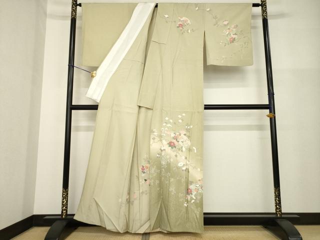平和屋着物▽訪問着 単衣 扇面枝花文 暈し染め 金彩 正絹 逸品 AABG8589ck