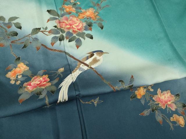 平和屋着物▽訪問着 単衣 刺繍 枝花に休み鳥 暈し染め 金彩 正絹 逸品 AABG8594ck