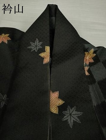 平和屋着物▽小紋 単衣 楓文 黒地 洗える着物 AABG8600ck