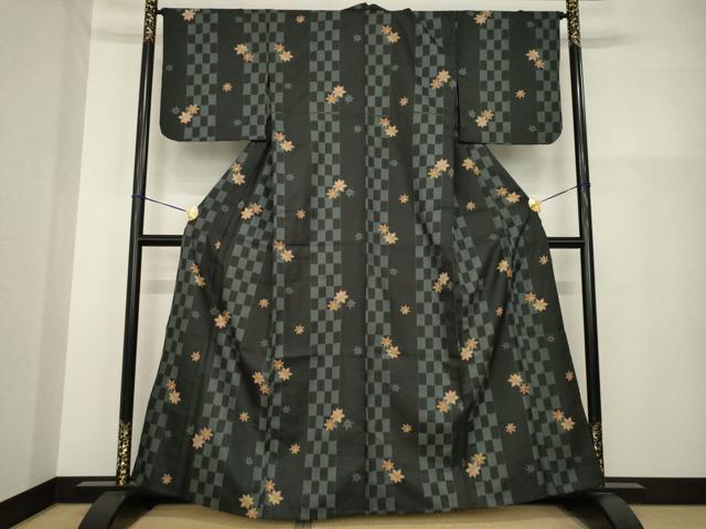 平和屋着物▽小紋 単衣 楓文 黒地 洗える着物 AABG8600ck
