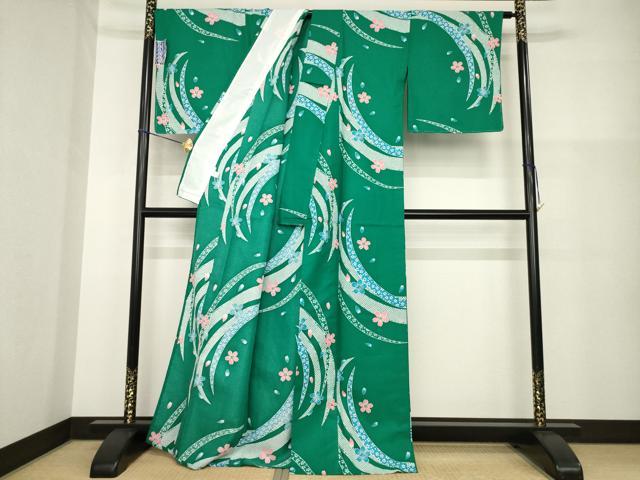 平和屋着物▽小紋 単衣 舞桜文 洗える着物 未使用 AABG8605ck