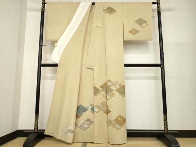 平和屋着物▽訪問着 単衣 駒刺繍 菱取松文 金彩 正絹 逸品 AABG8624ck