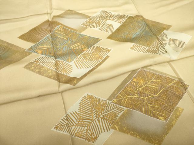 平和屋着物▽訪問着 単衣 駒刺繍 菱取松文 金彩 正絹 逸品 AABG8624ck