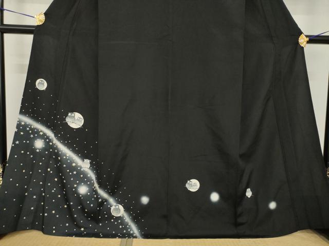 平和屋着物▽訪問着 単衣 夜空とフクロウ 暈し染め 黒地 正絹 逸品 AABG8637ck