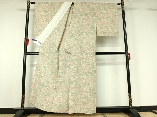 平和屋着物▽お召 単衣 吉祥花文 正絹 逸品 AABG8657jh