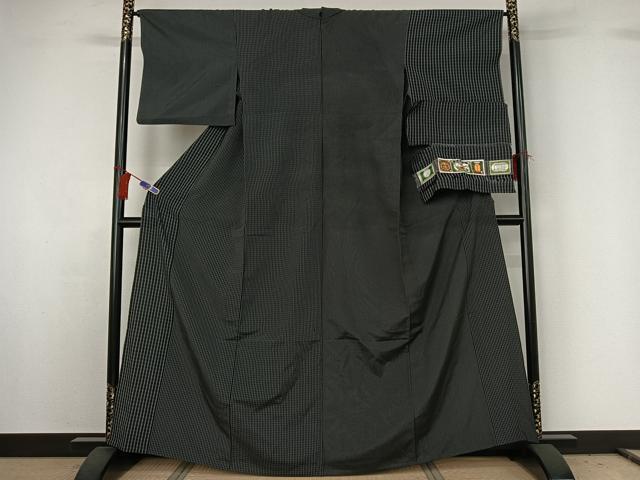 平和屋着物▽本塩沢 単衣 やまだ織 格子 証紙付き 正絹 逸品 AABG8678jh