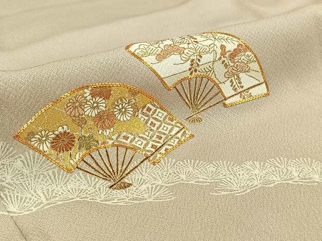 平和屋着物▽訪問着 単衣 駒刺繍 扇面花文 金彩 正絹 逸品 AABG8709jh