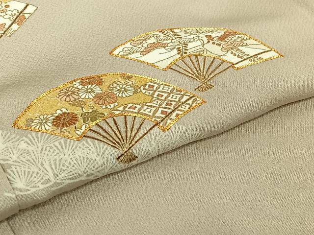 平和屋着物▽訪問着 単衣 駒刺繍 扇面花文 金彩 正絹 逸品 AABG8709jh
