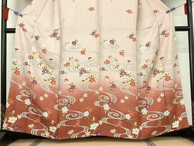 平和屋着物▽訪問着 単衣 流水花文 暈し染め 正絹 逸品 AABG8714jh