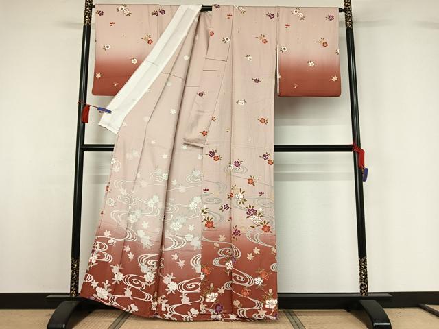 平和屋着物▽訪問着 単衣 流水花文 暈し染め 正絹 逸品 AABG8714jh