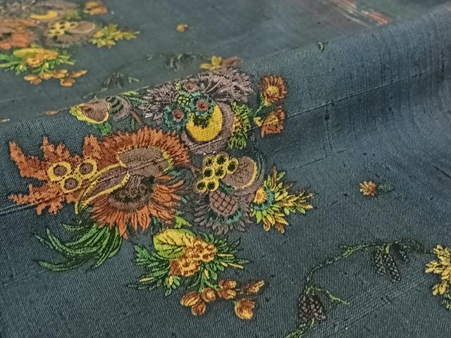 平和屋着物▽上質な紬 単衣 更紗花文 正絹 逸品 AABG8731jh