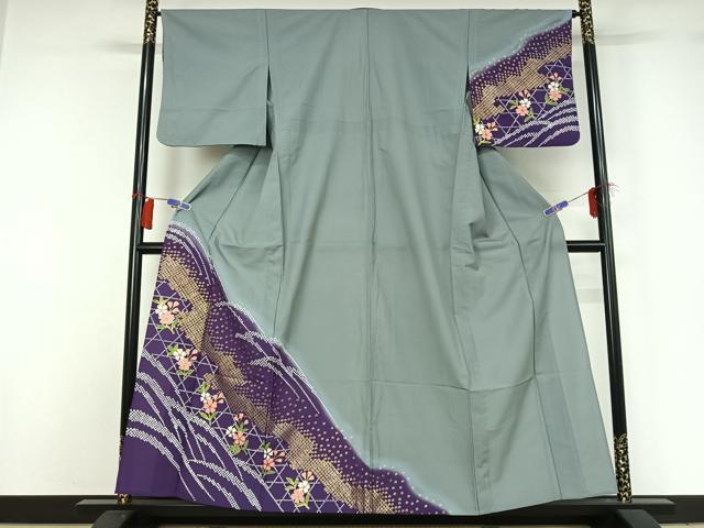 平和屋着物▽訪問着 単衣 草花文 暈し染め 金彩 洗える着物 AABG8743jh