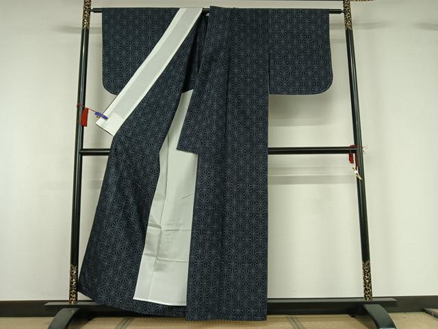 平和屋着物▽上質な紬 単衣 麻の葉文様 正絹 逸品 AABG8750jh
