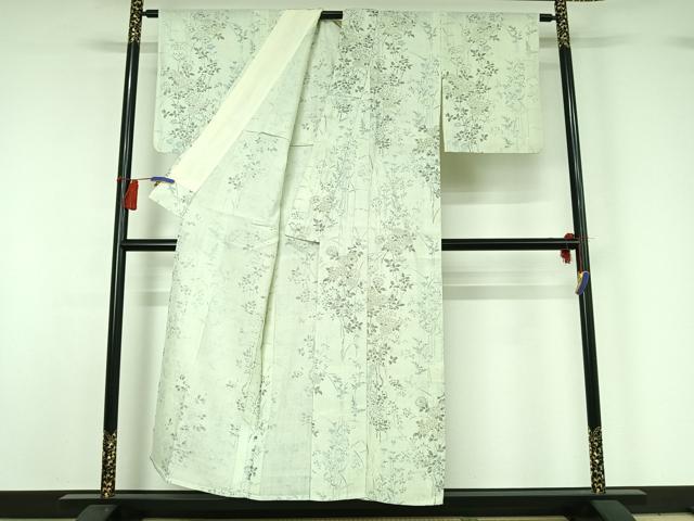 平和屋着物▽上質な小紋 単衣 生紬 手描き 草花文 正絹 逸品 AABG8751jh
