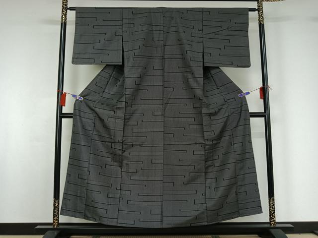平和屋着物▽お召 単衣 横段文 黒地 正絹 逸品 AABG8752jh