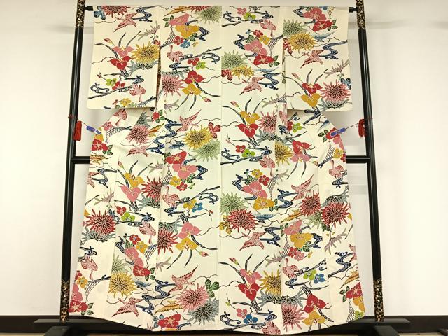 平和屋着物▽上質な小紋 単衣 紅型 流水花鳥文 正絹 逸品 AABG8757jh