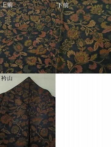 平和屋着物▽上質な小紋 単衣 紬地 更紗花文 正絹 逸品 AABG8767jh