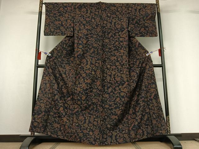 平和屋着物▽上質な小紋 単衣 紬地 更紗花文 正絹 逸品 AABG8767jh