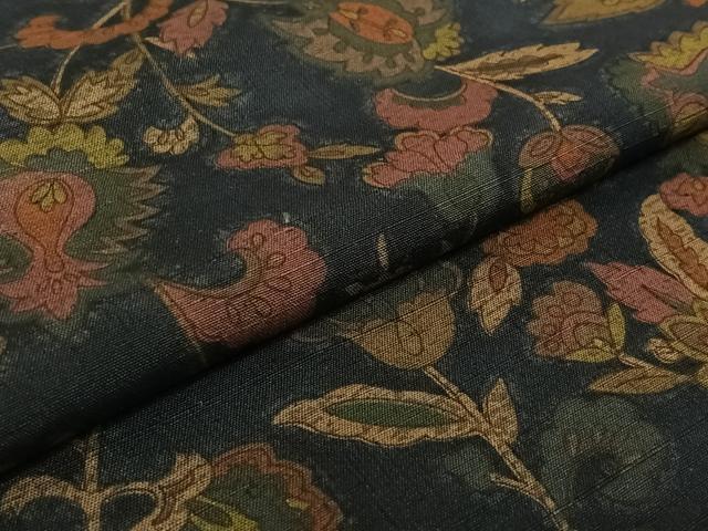 平和屋着物▽上質な小紋 単衣 紬地 更紗花文 正絹 逸品 AABG8767jh