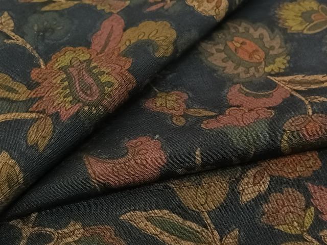 平和屋着物▽上質な小紋 単衣 紬地 更紗花文 正絹 逸品 AABG8767jh