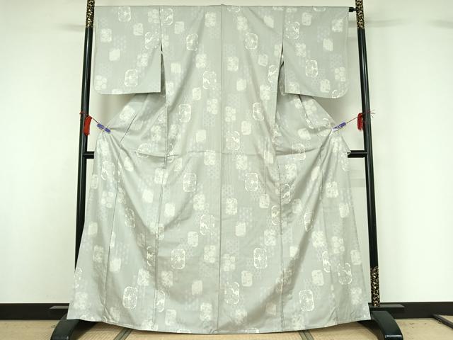 平和屋着物▽上質な紬 単衣 吉祥花文 正絹 逸品 AABG8775jh