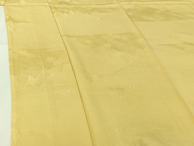 平和屋着物▽上質な色無地 単衣 風景地紋 淡黄色 正絹 逸品 AABG8778jh