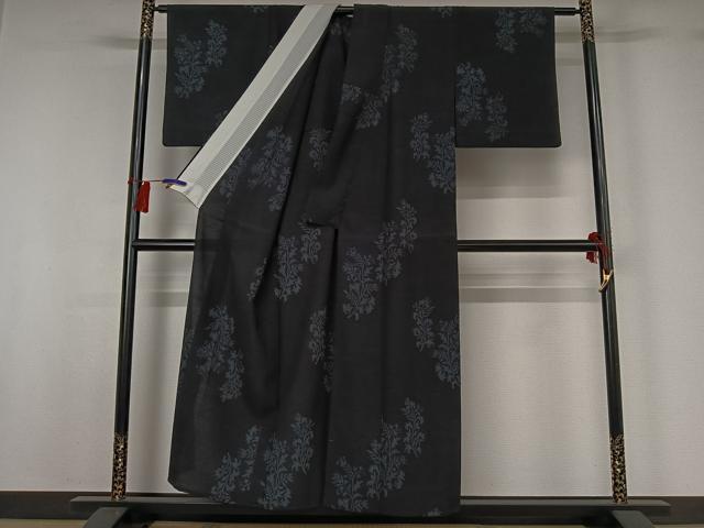 平和屋着物▽本塩沢 単衣 草花文 正絹 逸品 AABG8799jh