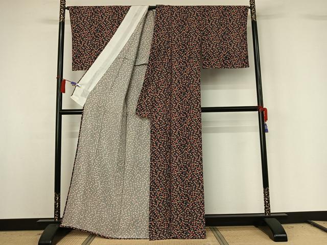 平和屋着物▽上質な小紋 単衣 花尽くし 黒地 正絹 逸品 AABG8821jh