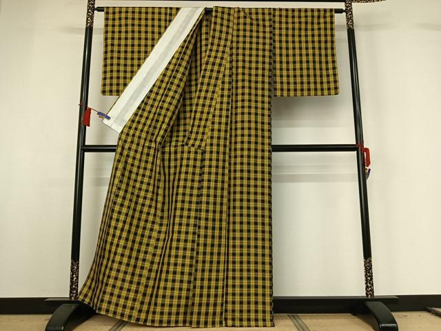 平和屋着物▽黄八丈 単衣 格子 正絹 逸品 AABG8837jh