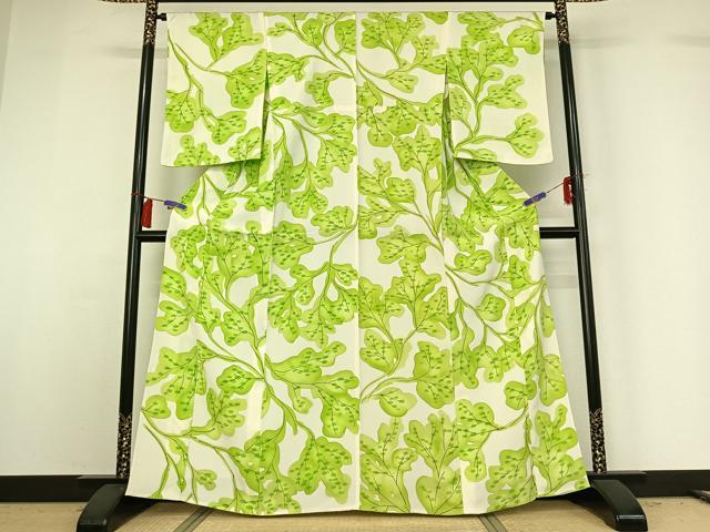 平和屋着物▽上質な小紋 単衣 手描き 枝葉文 正絹 逸品 AABG8839jh