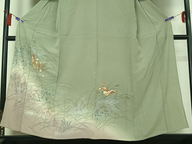 平和屋着物▽訪問着 単衣 駒刺繍 短冊花文 暈し染め 金彩 正絹 逸品 AABG8842jh