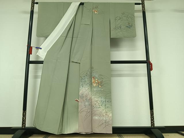平和屋着物▽訪問着 単衣 駒刺繍 短冊花文 暈し染め 金彩 正絹 逸品 AABG8842jh