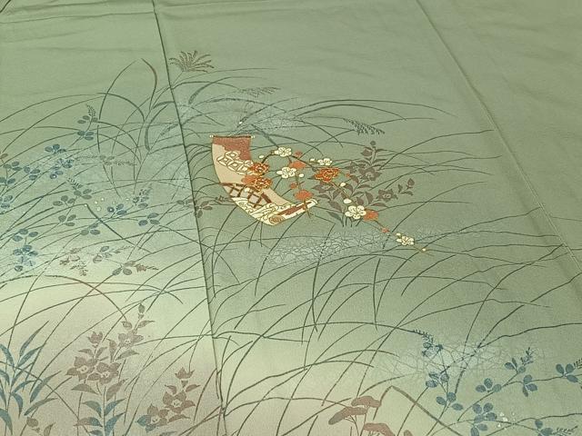 平和屋着物▽訪問着 単衣 駒刺繍 短冊花文 暈し染め 金彩 正絹 逸品 AABG8842jh